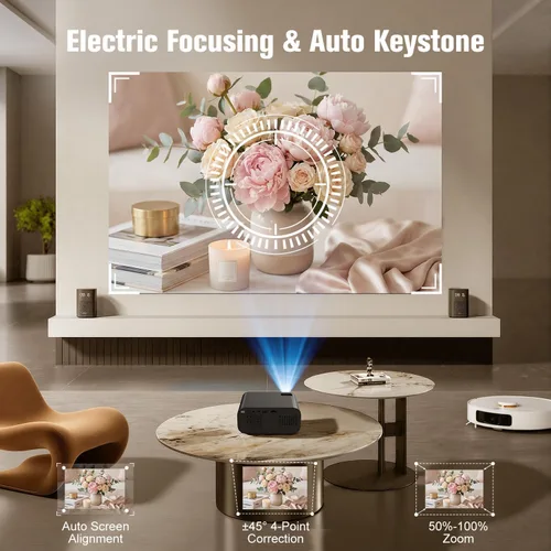 Vista 4 de Proyector, Proyector inteligente con WiFi y Bluetooth, Aplicaciones integradas, Enfoque automático y Keystone, Soporte nativo 1080P, Proyector mini