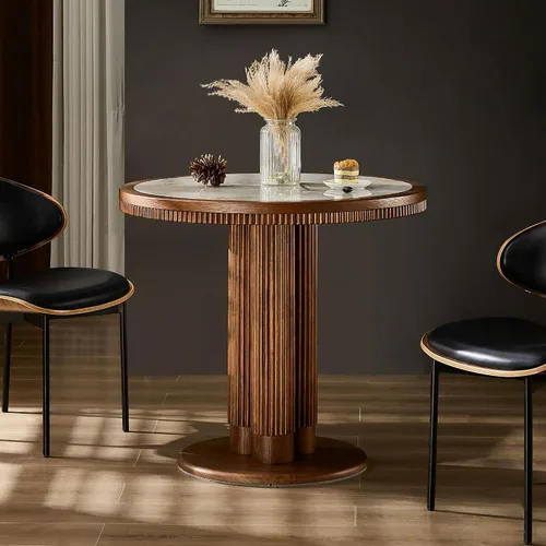 Vista 5 de WILLIAMSPACE Mesa de comedor redonda de madera de 33 pulgadas con mesa de piedra sinterizada A-33" Mesa Redonda Con Mesa Sinterizada