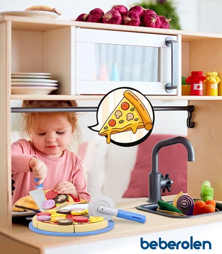 Vista 7 de Conjunto de Comida de Juguete de Pizza de Madera - 24 Piezas de Juguetes de Corte, Accesorios de Cocina de Juego de Simulación para Niños Pequeños