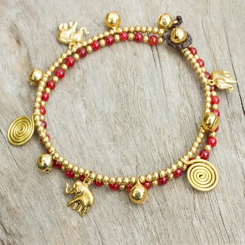 Vista 3 de NOVICA cuarzo Latón Beaded Anklet, 9.5" "Bell de oro