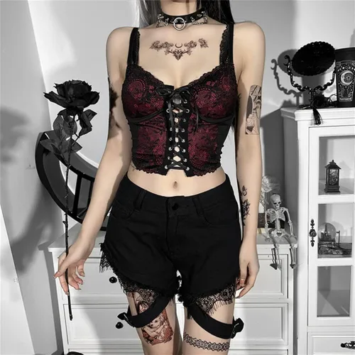 Vista 19 de Camisetas sin mangas góticas para mujer, camisola gótica Y2k