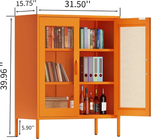 Vista 46 de Gabinete de almacenamiento de metal ancho negro, gabinete de acento de 2 puertas para el hogar y la oficina, gabinete de metal bajo de 2 niveles