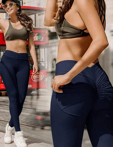 Vista 6 de HIOINIEIY Leggings fruncidos con levantamiento de glúteos para mujer, cintura alta, pantalones de yoga con bolsillos