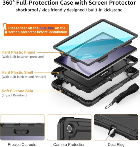 Vista 3 de DUNNO Funda para Samsung Galaxy Tab A9+ Plus de 11 pulgadas 2023, a prueba de golpes con protector de pantalla, soporte giratorio de 360°, correa