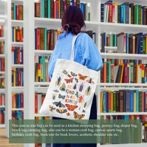 Vista 4 de Bolsa de lona estética para mujer con bolsillo interior, bolsa de hombro para libros, bolsas reutilizables para compras
