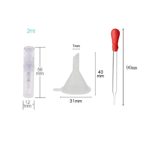 Vista 2 de 150 piezas Mini atomizador de botella de plástico de 0.07 onzas líquidas, botella de perfume recargable, botella de muestra vacía con 2 mini embudos