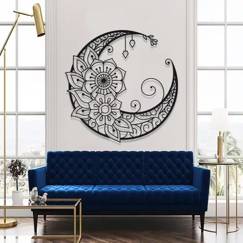 Vista 2 de Cadeali Arte de pared de metal bohemio, mandala de fase lunar, negro (18 x 18 pulgadas)