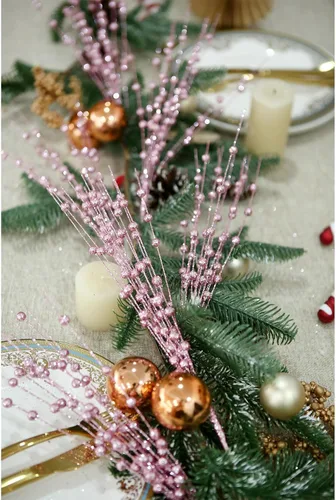 Vista 4 de 12 piezas de bayas artificiales con purpurina rosa, púas artificiales de Navidad con tallos de bayas para decoraciones de Navidad, palos falsos