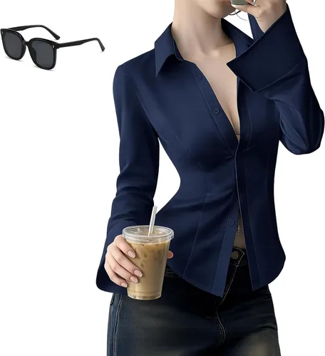 Vista 9 de Women's Slim-Fit Button-Down Long-Sleeved Casual Shirt, Fitted Work Blouse for Office Commuting