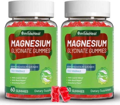 Vista 7 de Gomitas de glicinato de magnesio de 600 mg para mujeres y hombres, con L-treonato de magnesio 300 mg, CoQ10 y pimienta negra, veganas (60 unidades)