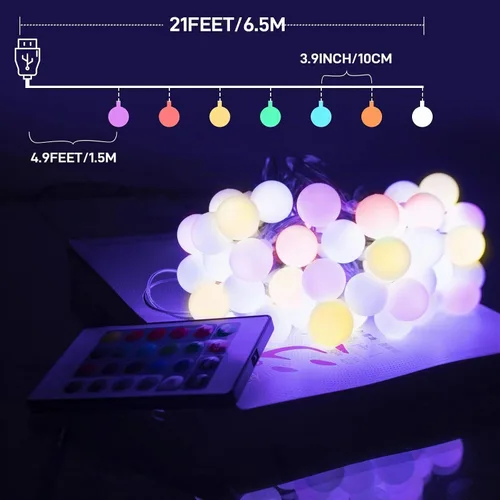 Vista 8 de Luces de Cadena LED Eoako con Enchufe USB, 19 Luces Cambiantes de Color con Control Remoto, 21.3 Pies 50 LED, Bolas de Hadas Multicolor