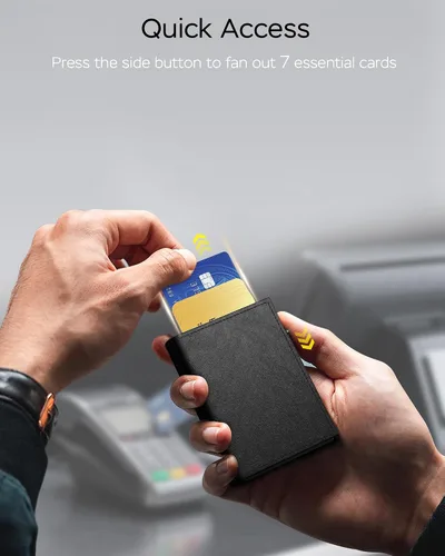 Vista 5 de Cartera para hombre – Cuero minimalista de triple pliegue, funda inteligente para tarjetas emergentes con bloqueo RFID, soporte delgado de metal
