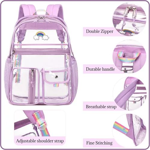 Vista 6 de Lanola Mochila aprobada para estadios, mochila transparente de PVC resistente, bolsa transparente para bolsas de libros de escuela secundaria