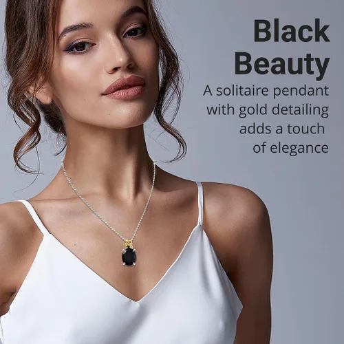 Vista 2 de Shop LC - Collar con colgante de turmalina negra, plata de ley 925 chapada en platino y oro amarillo vermeil con una piedra preciosa solitaria