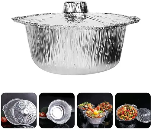 Vista 6 de Yardwe Sartenes redondos de papel de aluminio con tapas, 5 latas de aluminio desechables, contenedor de alimentos, moldes de papel de aluminio