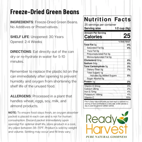 Vista 5 de Ready Harvest Alimentos liofilizados - Judías verdes Alimentos de emergencia Vegetales para acampar Lata #10 Vida útil de 25 años Latas