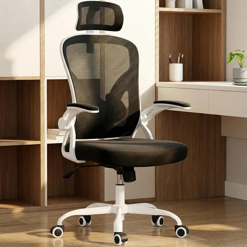 Vista 2 de Silla giratoria ergonómica de oficina con reposacabezas ajustable 3D y soporte lumbar, silla de escritorio con respaldo alto con brazos abatibles