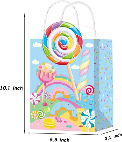 Vista 4 de C L cooper life 12 bolsas de regalo de fiesta de Candyland con asas, bolsas de regalo para fiestas temáticas de piruletas, suministros para fiesta