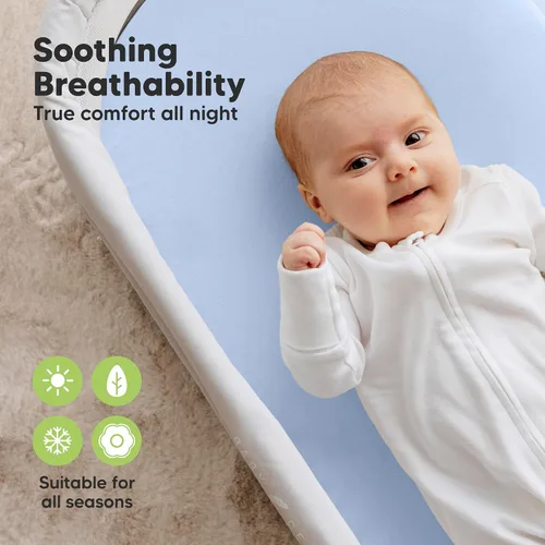 Vista 4 de Paquete de 2 sábanas orgánicas para cuna para niños, niñas, sábana bajera (lino azul) 100% Cotton Bassinet Mattress Sheets, Compatible with Halo
