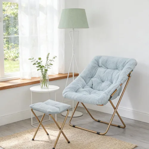 Vista 2 de Magshion Silla plegable de gran tamaño para adultos, silla de lectura con otomana, asiento circular esponjoso de piel sintética, cómoda silla