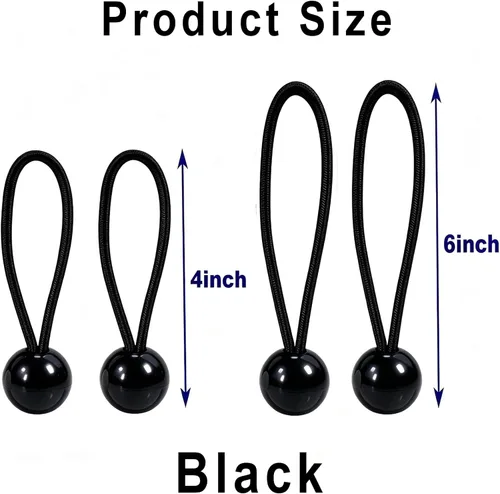 Vista 2 de 24 cuerdas elásticas de bola resistentes de 4 pulgadas y 6 pulgadas, cuerda de amarre para toldo, color negro