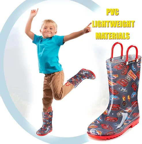 Vista 5 de Disney Cars Lightening McQueen - Botas de lluvia de PVC para niños, asas fáciles de poner, color negro para niños pequeños y pequeños