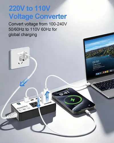 Vista 7 de Convertidor de voltaje de 200 W de EE. UU. a Europa, adaptador de corriente de viaje reductor con 4 puertos USB, 2 salidas de CA para alisador