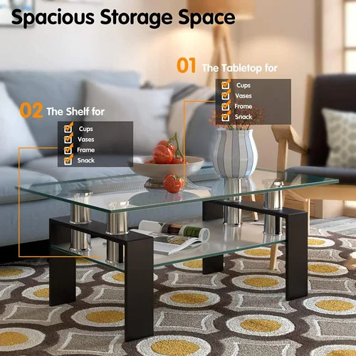 Vista 7 de Mesa de centro rectangular de vidrio de 39.4 pulgadas, mesa de centro negra con vidrio templado y patas de metal, mesa central moderna de 2 niveles