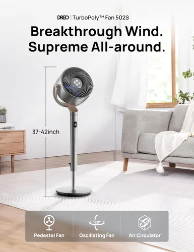 Vista 2 de Dreo - Ventilador de pie, oscilación inteligente de 120°+120°, ventiladores de piso con control Wi-Fi/por voz, ventilador de 90 pies
