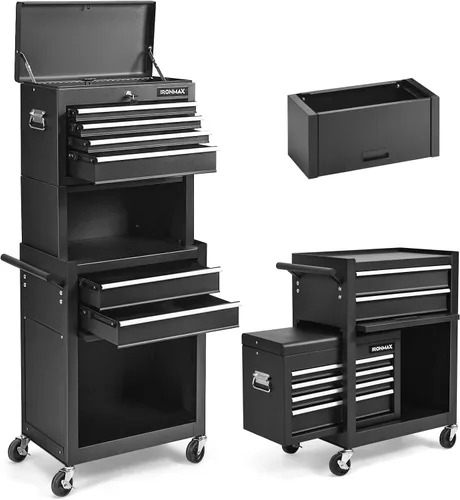 Vista 14 de ERGOMASTER Caja de Herramientas Resistente con Ruedas con Gabinete de 5 Cajones Bloqueables y Gabinete Extraíble para Garaje y Taller - Negro