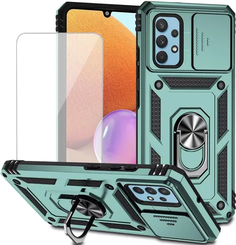 Vista 11 de Funda para Galaxy A32 4G, Samsung A32 4G SM-A325F con protector de pantalla de vidrio templado y cubierta de cámara deslizante, anillo magnético