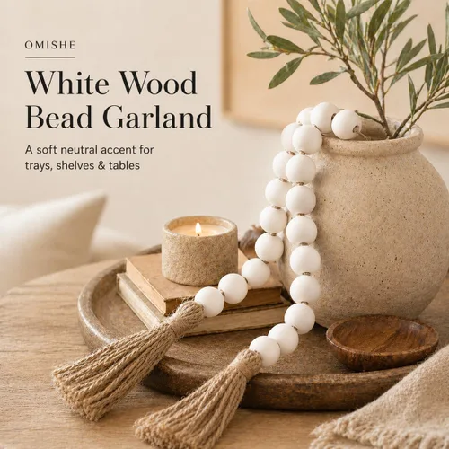 Vista 16 de OMISHE Guirnalda de cuentas de madera extra grande con cuentas de madera y borlas de 1.6 pulgadas de diámetro, cuentas decorativas rústicas de 41