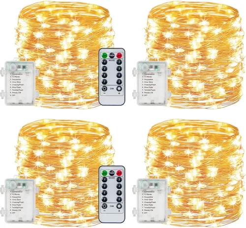 Vista 9 de Guirnalda de luces a pilas con temporizador de control remoto, 33 pies, 100 luces LED, impermeables, 8 modos, alambre de cobre, luces blancas Blanco