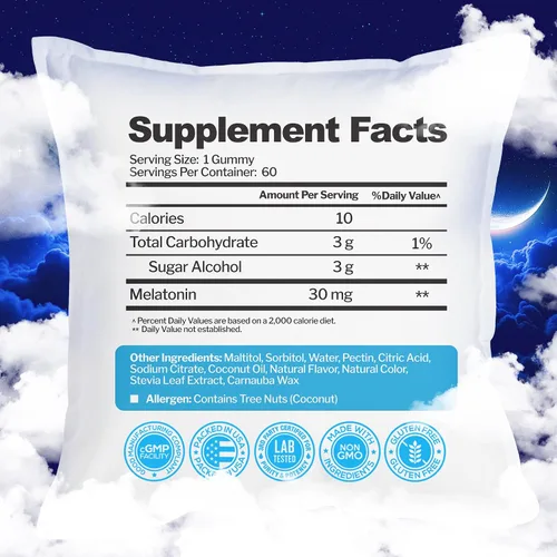 Vista 5 de Gomitas de melatonina de 30 mg para adultos (60 porciones) – Apoyo para dormir de máxima fuerza con 30 mg de melatonina por gomita – Sin gluten, sin