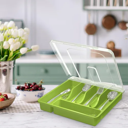Vista 2 de Soporte para utensilios para encimera con tapa, bandeja de cubiertos de plástico para cajón (verde)