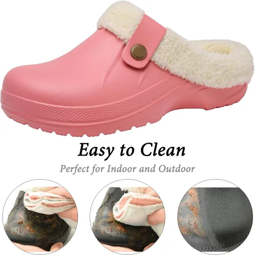 Vista 2 de ChayChax - Pantuflas impermeables para mujeres y hombres, con forro de piel, zapatos de jardín de invierno, pantuflas cálidas para interiores