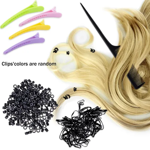 Vista 6 de Duufin Kit de extensiones de cabello, 500 piezas de cuentas de micro anillo negro, 1 alicates de extensión de cabello, 2 ganchos, aguja de tracción