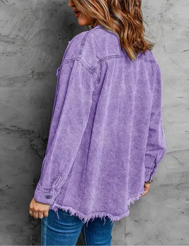 Vista 7 de Vetinee Chaqueta de mezclilla de gran tamaño con botones y dobladillo deshilachado para mujer