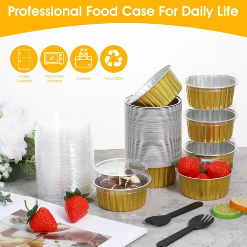 Vista 3 de 100 moldes redondos desechables de papel de aluminio de 5 onzas con tapas a juego Portable Disposable Foil Baking Cups, Ideal Food Containers for