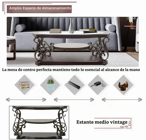 Vista 6 de Elegante mesa auxiliar retro, mesa de cóctel rectangular tradicional de 3 niveles con parte superior de vidrio templado, estante de mármol medio