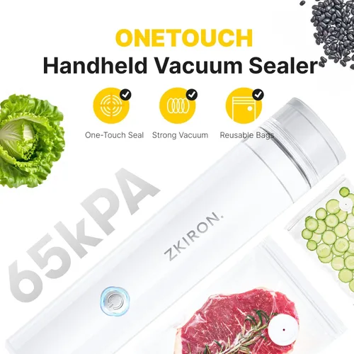 Vista 5 de ZKIRON OneTouch Selladora al Vacío Portátil con 25 Bolsas de Vacío Reutilizables – Selladora de Alimentos Portátil y Compacta con Succión