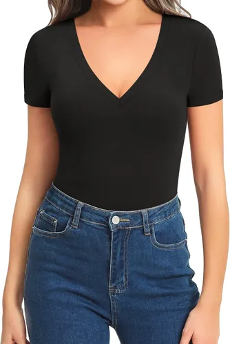 Vista 2 de MANGOPOP Bodysuit for Women Modal V Neck Folded Over Short Sleeve Tops Jumpsuit