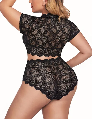 Vista 6 de Avidlove Conjunto de lencería de talla grande con encaje floral y ribete festoneado en V profundo con brasier de encaje en toda la prenda ropa sexy