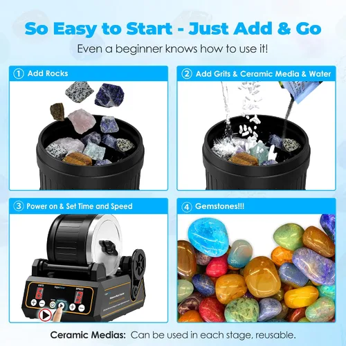 Vista 7 de K1 Rock Tumbler Kit – Pulidor de rocas giratorio fiable para adultos, principiantes y aficionados, barril de goma silencioso de 2.5 libras con 3