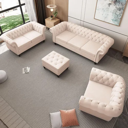 Vista 2 de AVZEAR Juego de sofá modular de 2 piezas para sala de estar, sofá tapizado, moderno juego de sofás estilo con botones acolchonados, sofá Beige