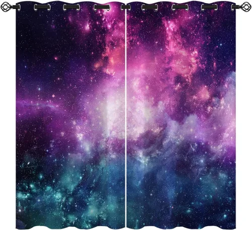 Vista 10 de Cortinas opacas de nebulosa galaxia para niñas y niños, decoración del hogar, universo galáctico, galaxias espaciales, planeta, ojales, cortinas