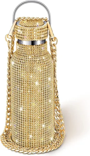 Vista 9 de Geiserailie Botella de agua con diamantes de imitación de acero inoxidable, térmica, recargable, aislada, con cadena, para mujeres y niñas