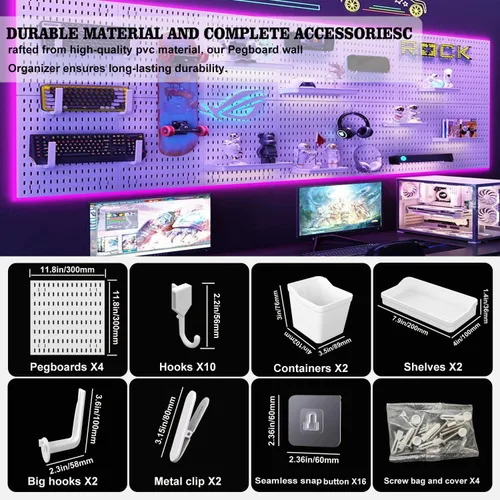 Vista 4 de Kit de Combinación de Tablero Perforado, Organizador de Pared Modular Blanco de Tablero Perforado con 4 Tableros Perforados y Accesorios Colgantes
