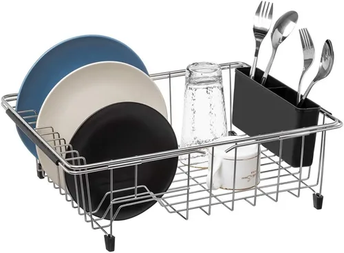 Vista 5 de SANNO - Escurreplatos para secar platos, estante grande para platos ajustable con escurridor profundo y soporte extraíble para cubiertos, estante