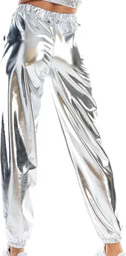 Vista 5 de BZGTZT Pantalones deportivos elásticos de cintura alta metálicos brillantes para mujer, aspecto mojado, hip hop, club, pantalones holográficos